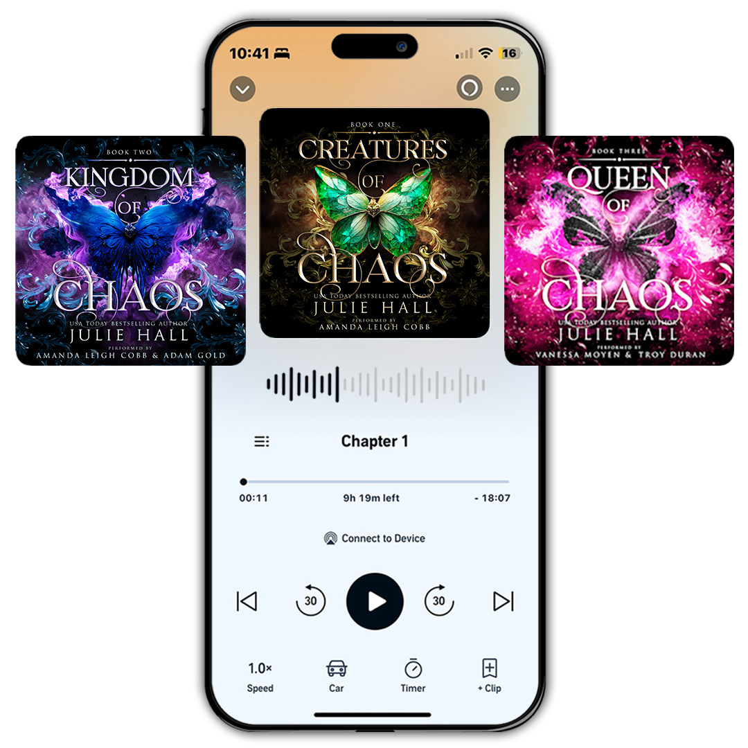 Phone screen displaying audiobook interface with 'Creatures of Chaos' book cover.