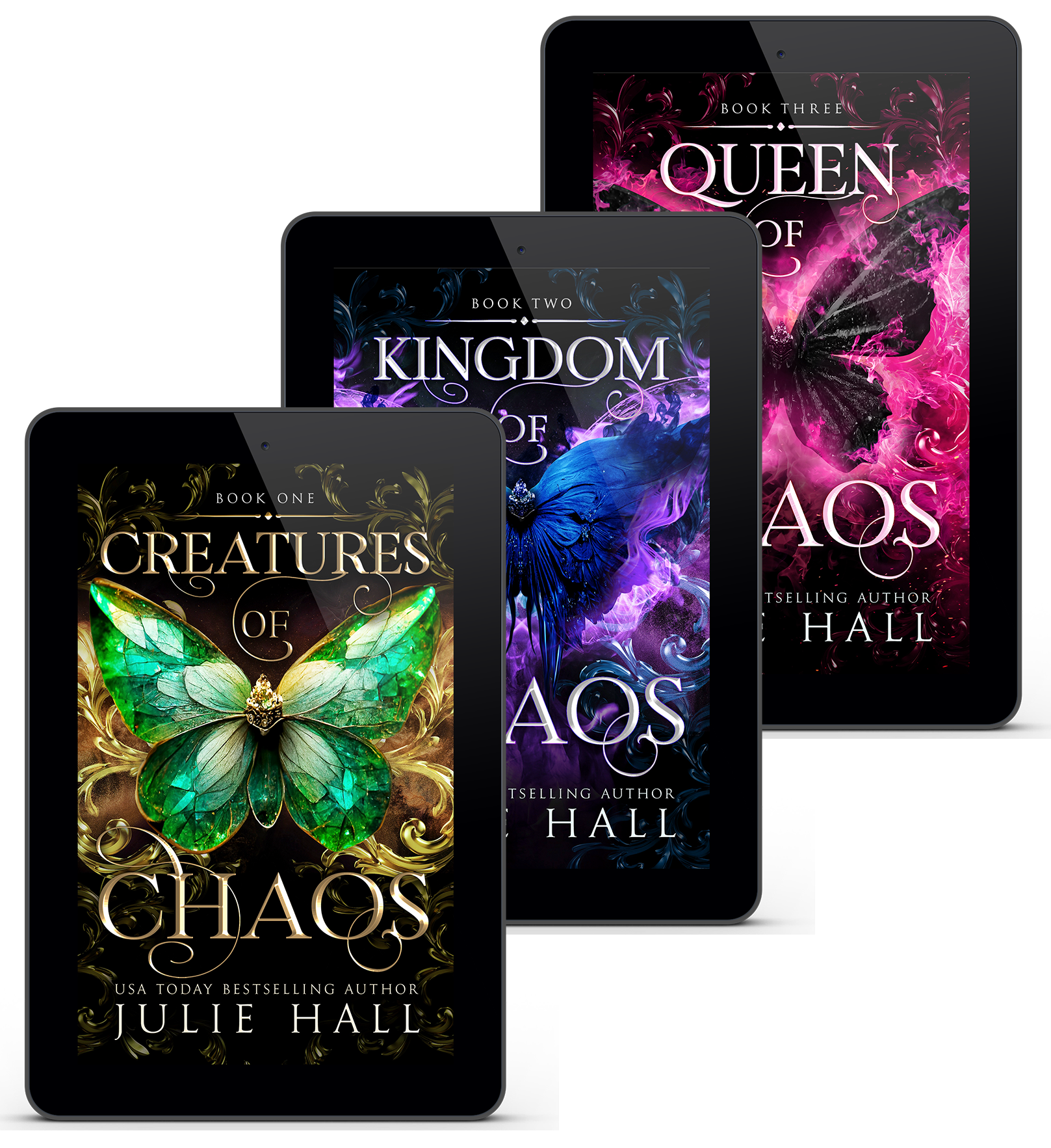 Ebook covers for 'Creatures of Chaos', 'Kingdom of Chaos', and 'Queen of Chaos' 